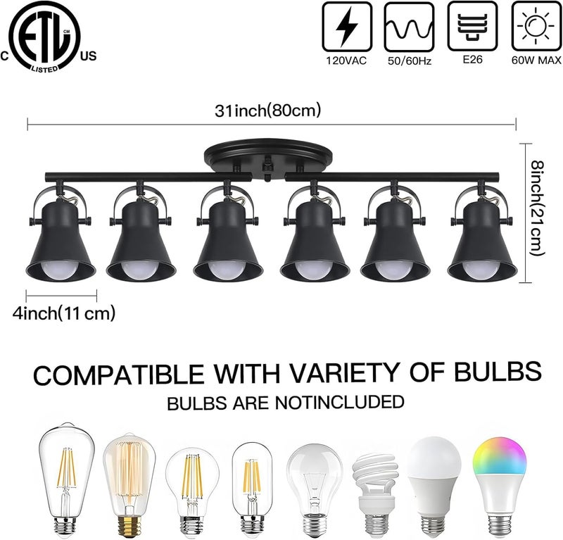 KEESFU 6-Light Track Lighting Kit,Black Semi Flush Mount Ceiling Light with 6 Rotatable Light Heads,Modern Accent Lighting for Livingroom,Bedroom,Hallway,Art Wall,Bathroom,Kitchen.(6-Light) - Image 2